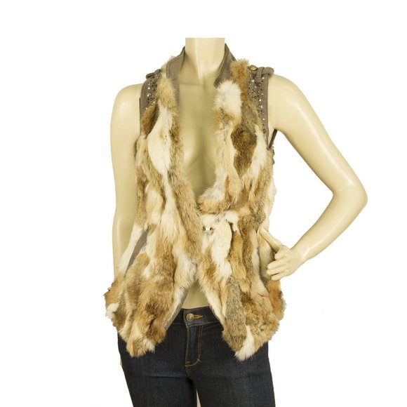 Patrizia Pepe Beige Lapin Fur Wool Back Studded Vest Sleeveless Jacket Gillet 44